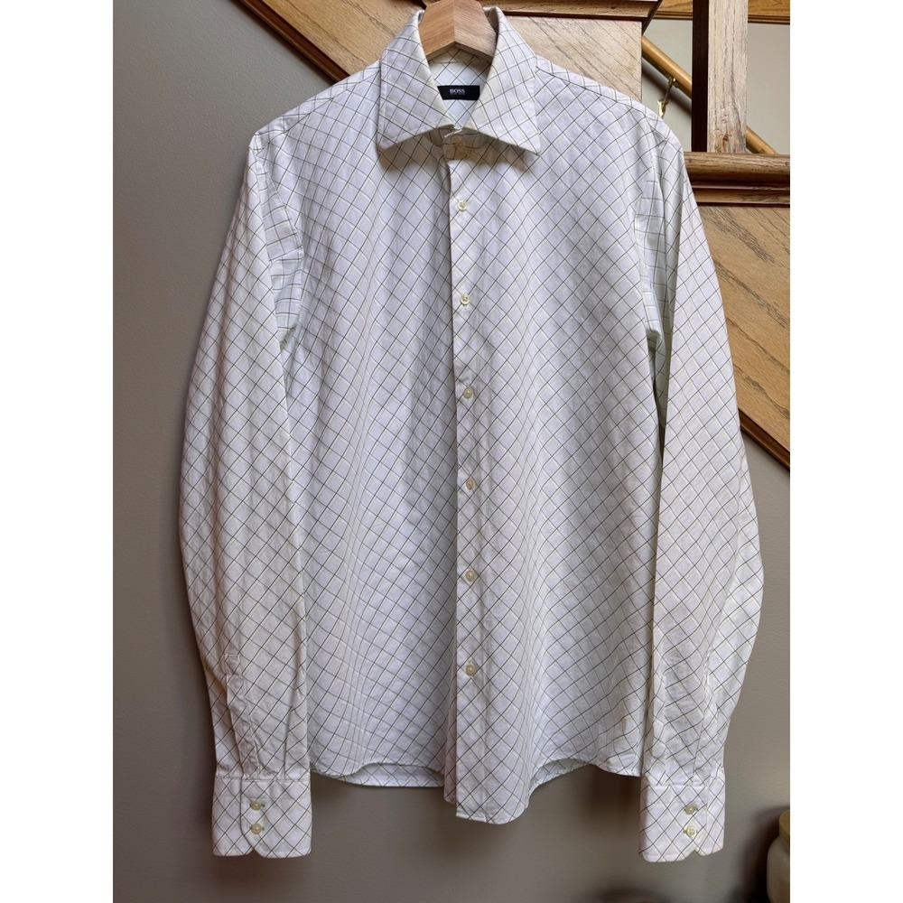 Hugo Boss Men Dress Shirt 16.5-36/37 White Neon Green Black Graph Check Malaysia